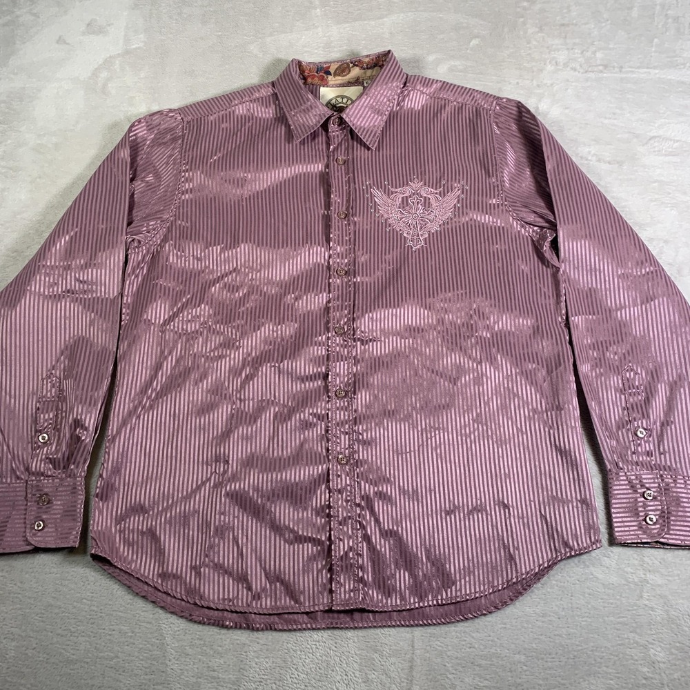 Platini Jeans Cougar Shirt Mens XL Pink Striped‎ Embroidered Cross Rhinestone